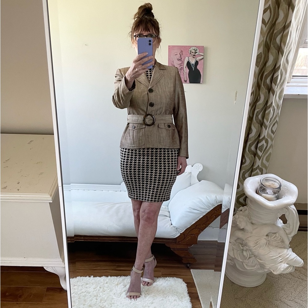 KASPER VINTAGE BROWN BLAZER JACKET BELTED POCKETS SAFARI PADDED SHOULDERS